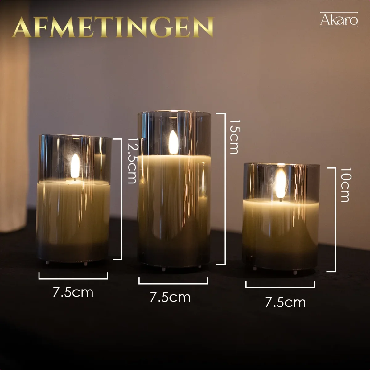 3 LED kaarsen met glas grijs - Akaro - Afbeelding 3