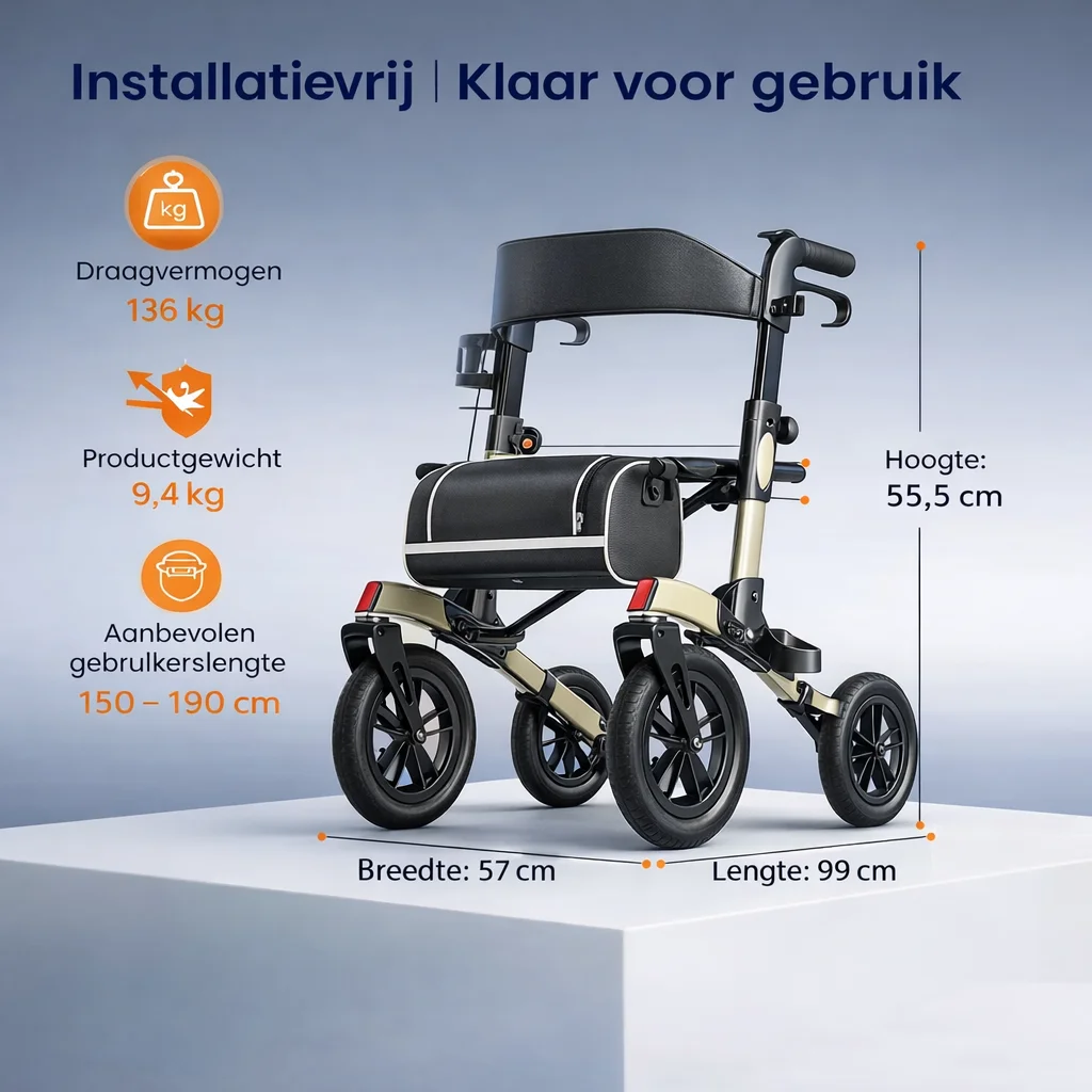 Comfortabele rollator en transportstoel in één met stevig en lichtgewicht design