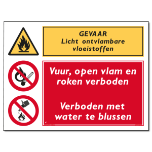 Gevaar Licht ontvlambare vloeistoffen Vuur, open vlam en roken verboden  Verboden met water te blussen (DCO16)