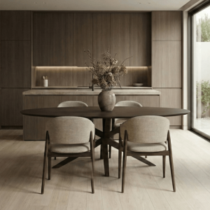 Ovale eiken eettafel met houten matrix – Wenge