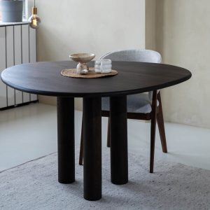 Organische ronde eiken eettafel – wenge – met 3 cilinders