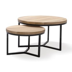 Eikenhouten salontafel set rond dun driepoot