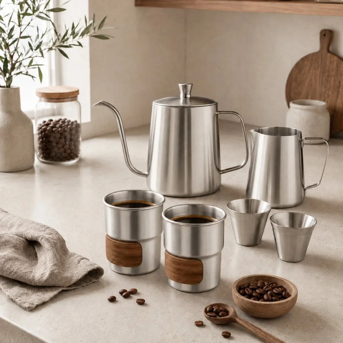 RVS koffiekopjes met hout van 4 Zilver - 280ML - Afbeelding 9